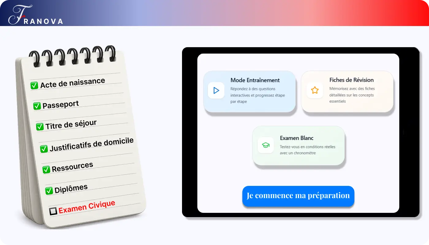 Visuel Franova : à gauche, un bloc-notes coche acte de naissance, passeport, titre de séjour, justificatifs de domicile, ressources, diplômes ; “Examen Civique” reste à cocher. À droite, écran de l’app avec “Apprentissage”, “Fiches de Révision”, “Examen Blanc” et le bouton “Je commence ma préparation”
