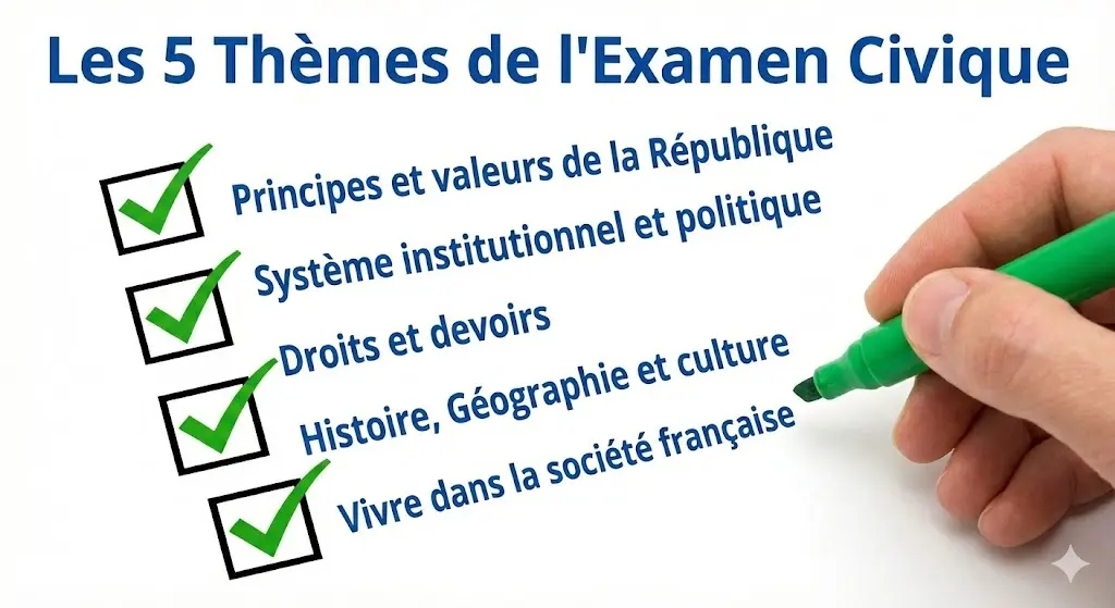 Graphique détaillant les 5 thèmes officiels du programme : Valeurs de la République, Institutions, Droits et Devoirs, Histoire/Géo, Société Française.