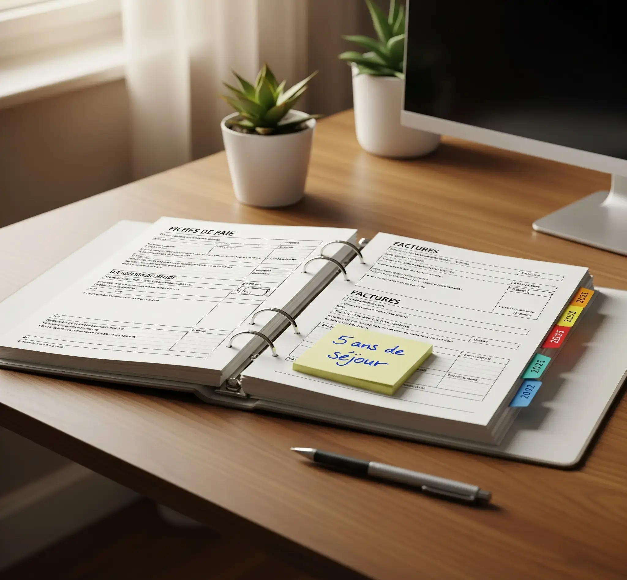 Bureau organisé : classeur à onglets 2019-2025, bulletins de salaire, factures, post-it « 5 ans de séjour »