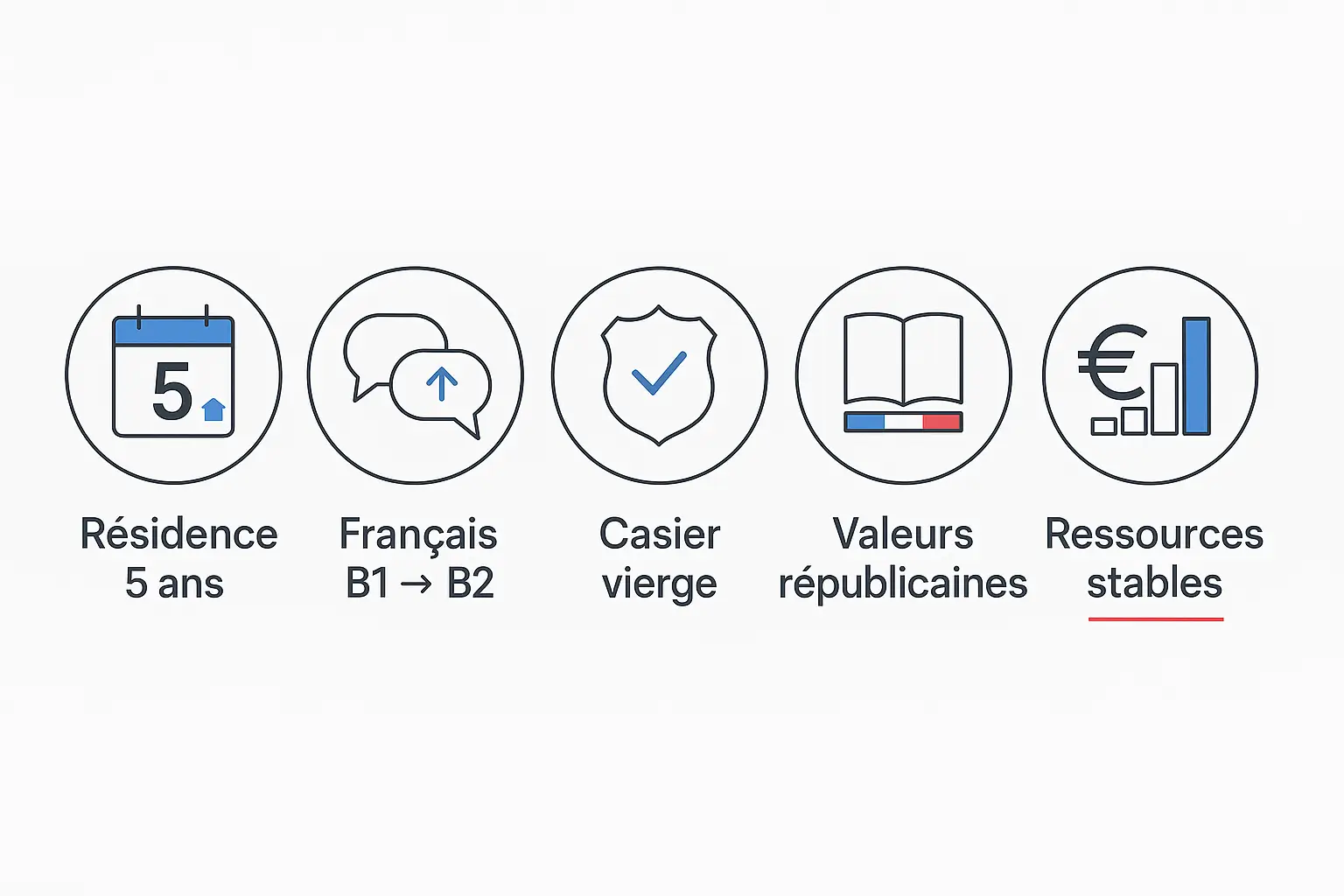 Illustration vectorielle avec 5 icônes : résidence 5 ans, français B1/B2, casier vierge, valeurs républicaines, ressources stables
