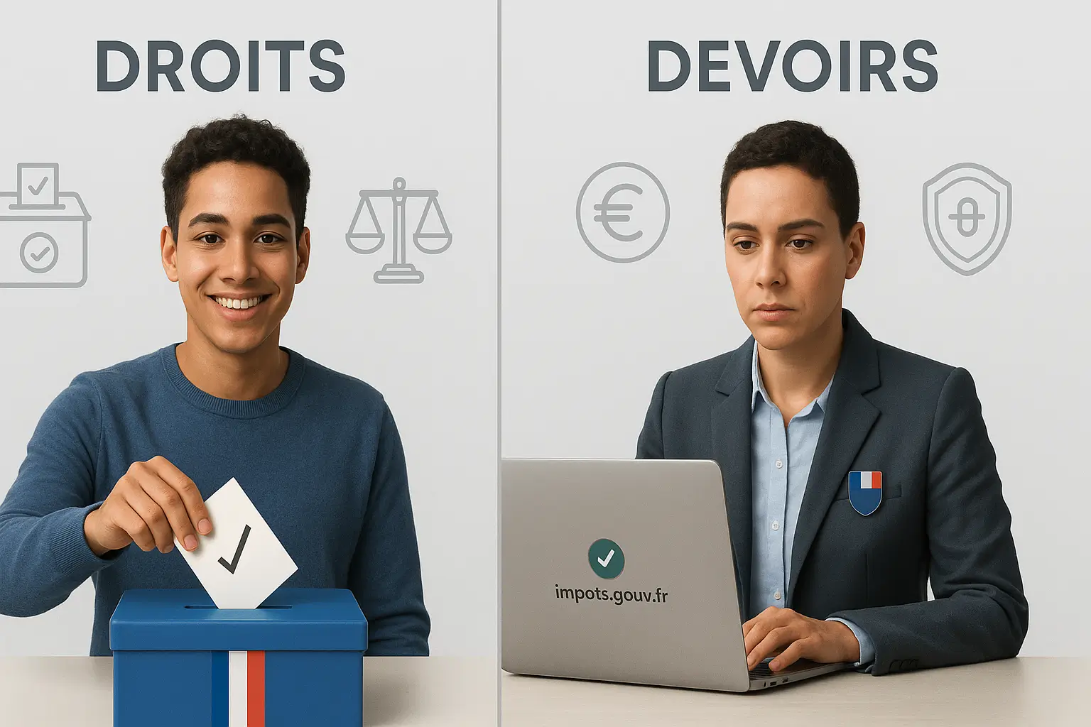 Illustration split-screen : à gauche nouveau citoyen votant et tenant un passeport, à droite payant ses impôts en ligne et portant un badge de réserve