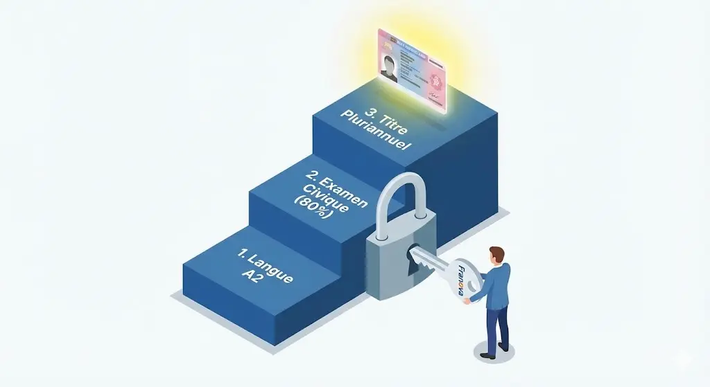 Infographie isométrique montrant les 3 étapes pour débloquer le titre pluriannuel : Niveau de langue, Réussite Examen Civique 80%, Obtention du Titre.