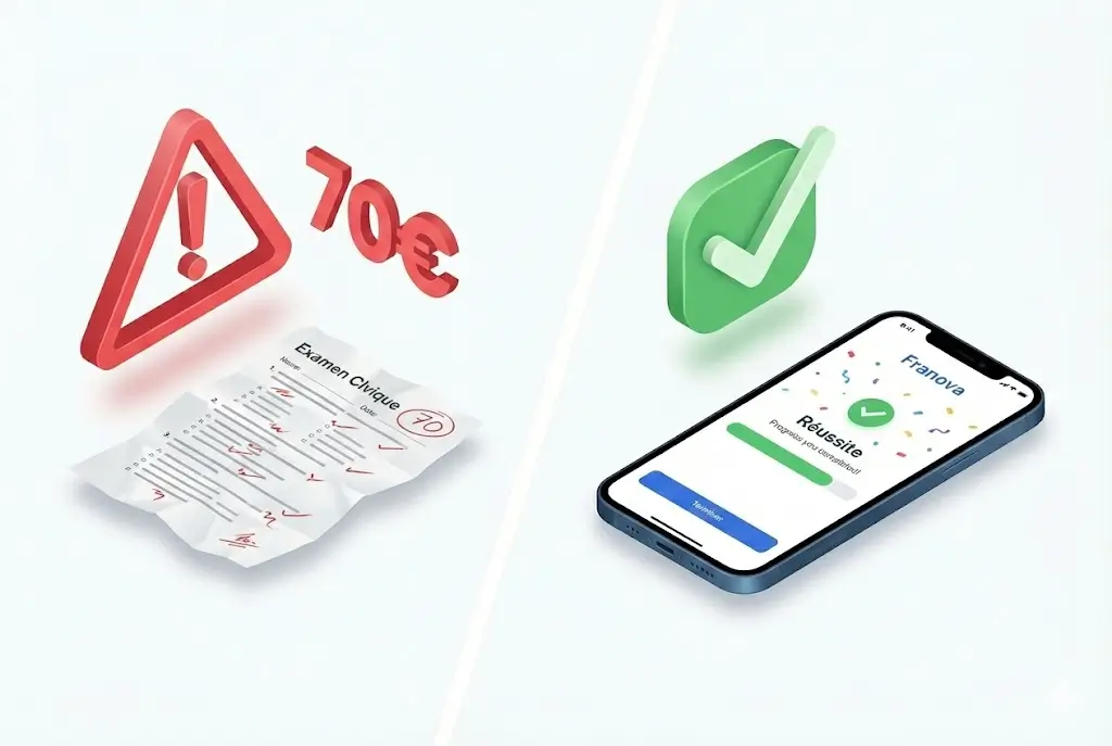 Illustration comparative : à gauche, un échec à l'examen civique coûtant 70€ ; à droite, une réussite validée sur application mobile.