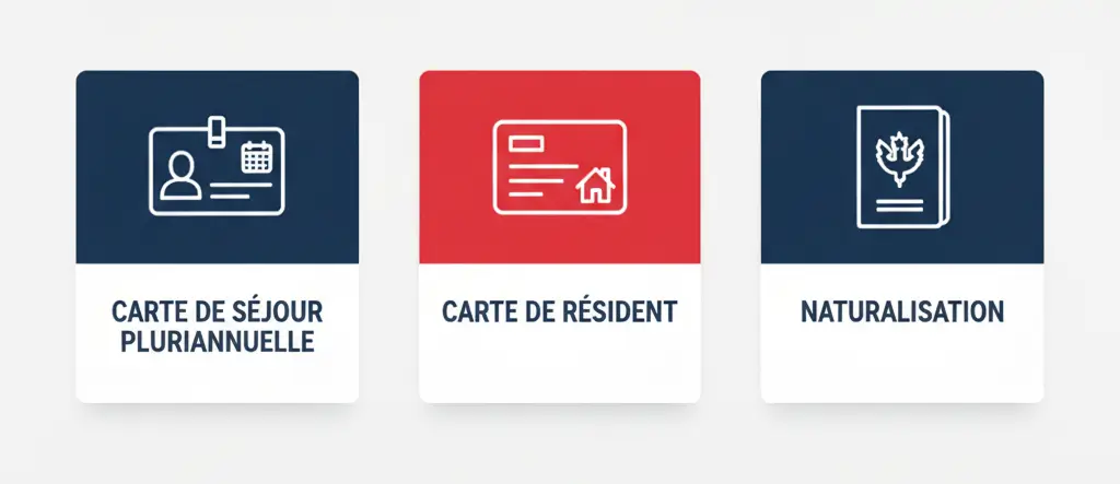 Infographie montrant les trois statuts concernés par l'examen civique : carte de séjour pluriannuelle, carte de résident et naturalisation.