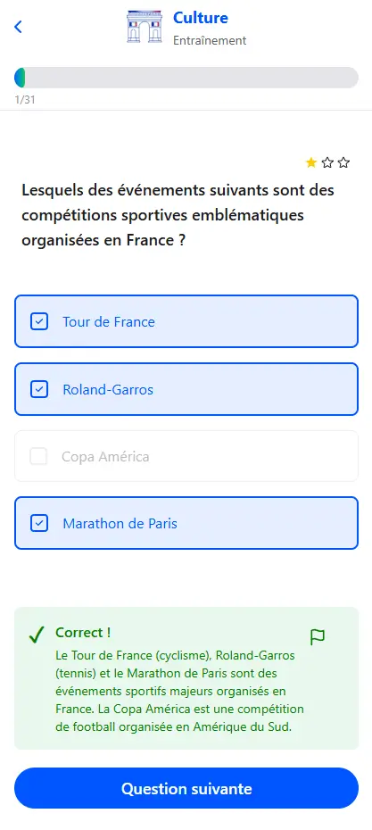 Capture d’une question de culture générale dans Franova : plusieurs choix de réponses sélectionnables et encart explicatif affiché