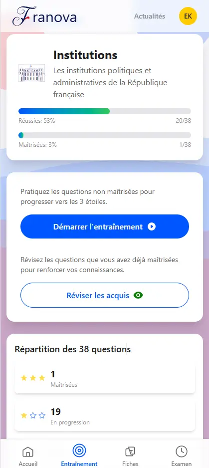 Capture de l’écran d’accueil de la section Institutions de Franova montrant les compteurs de progression et le bouton « Démarrer l’entraînement »