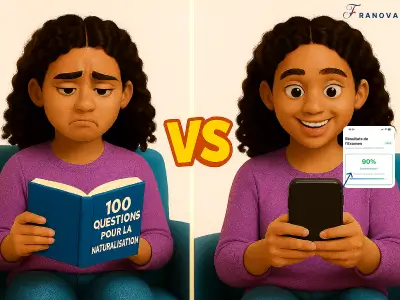 Comparaison entre une candidate stressée révisant avec un livre de 100 questions pour la naturalisation et la même candidate souriante utilisant l’application Franova avec un score de 90 %.