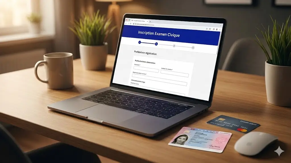 Bureau moderne avec un ordinateur affichant le site d'inscription à l'Examen Civique, accompagné d'un titre de séjour et d'une carte bancaire pour le paiement.