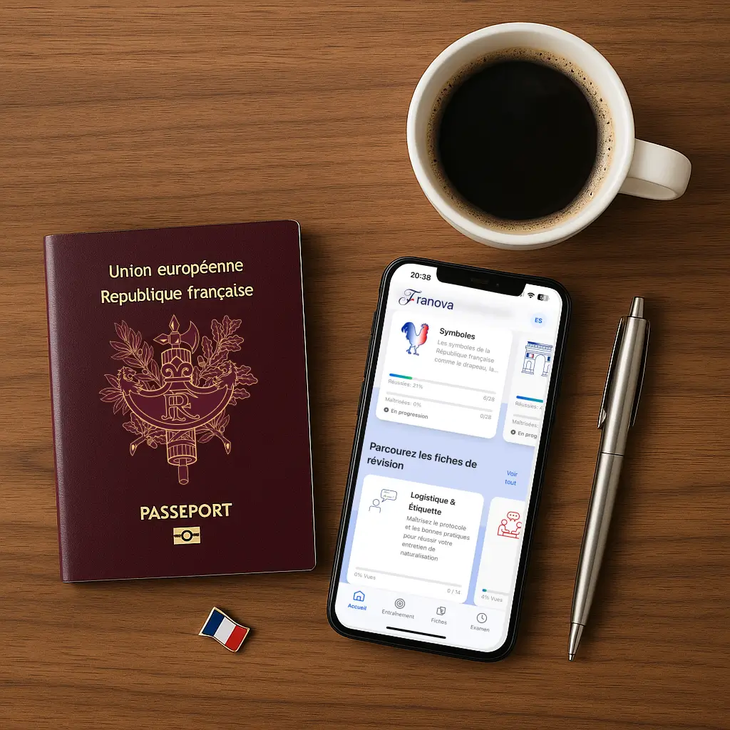 Flat lay moderne sur bureau en noyer : passeport français biométrique bordeaux, smartphone ouvert sur l'app Franova (flashcards Question/Réponse), café fumant, stylo acier et pin's drapeau tricolore — scène d'apprentissage du français et de préparation au voyage.