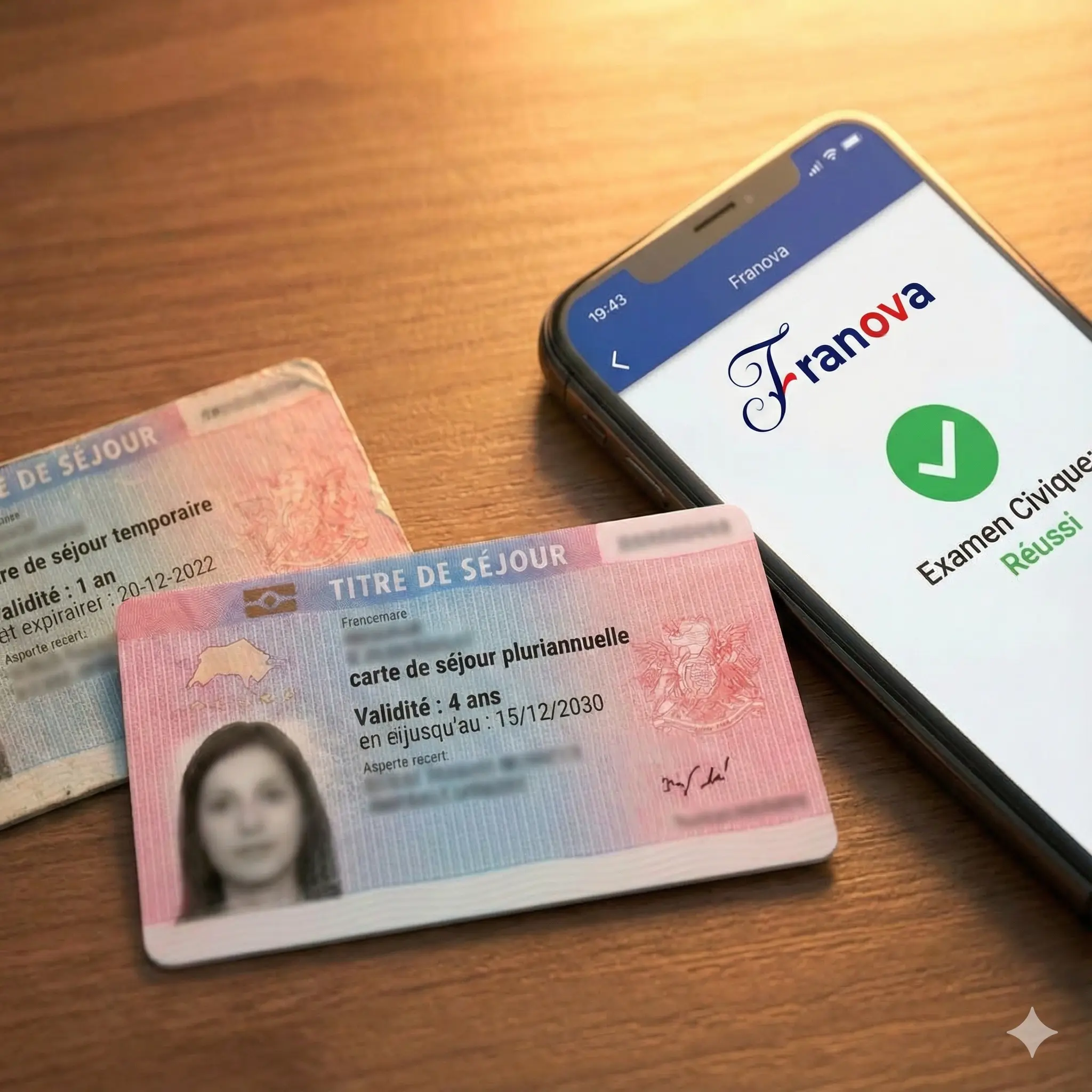 Comparaison visuelle entre un titre de séjour temporaire périmé et une nouvelle carte pluriannuelle obtenue grâce à l'application Franova.