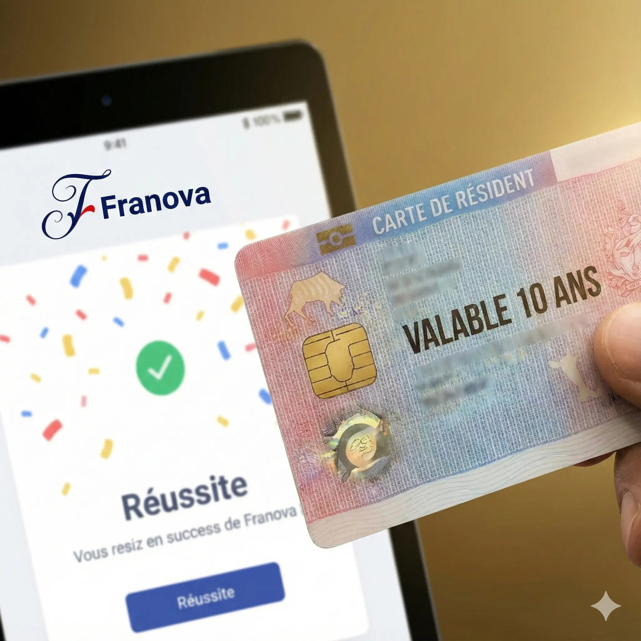 Gros plan sur une carte de résident de 10 ans posée à côté d'un smartphone affichant un écran de réussite à l'examen civique Franova.