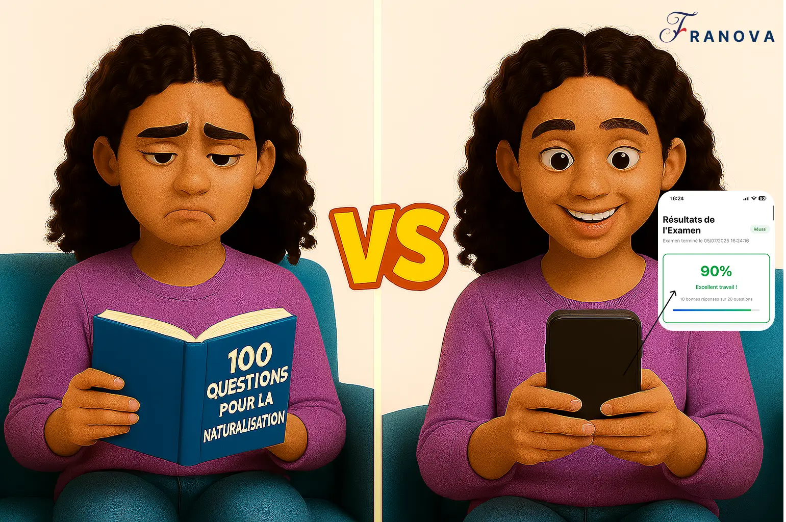 Comparaison entre une candidate stressée révisant avec un livre de 100 questions pour la naturalisation et la même candidate souriante utilisant l’application Franova avec un score de 90 %.