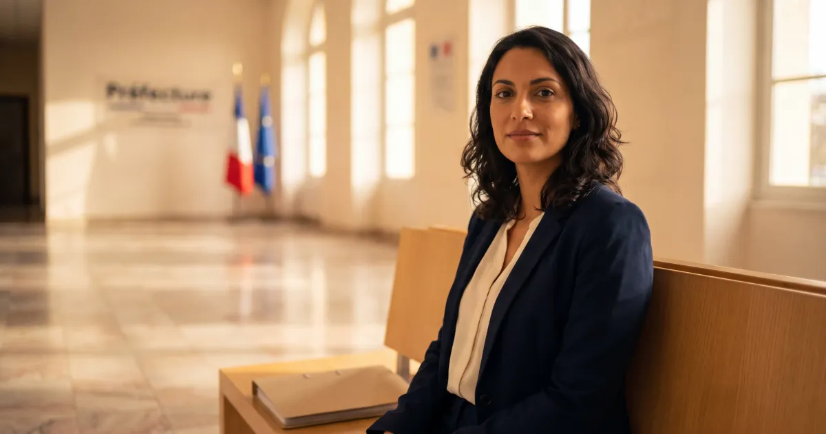 Candidate à la naturalisation attendant son entretien d'assimilation dans le hall lumineux d'une préfecture française, dossier à la main.